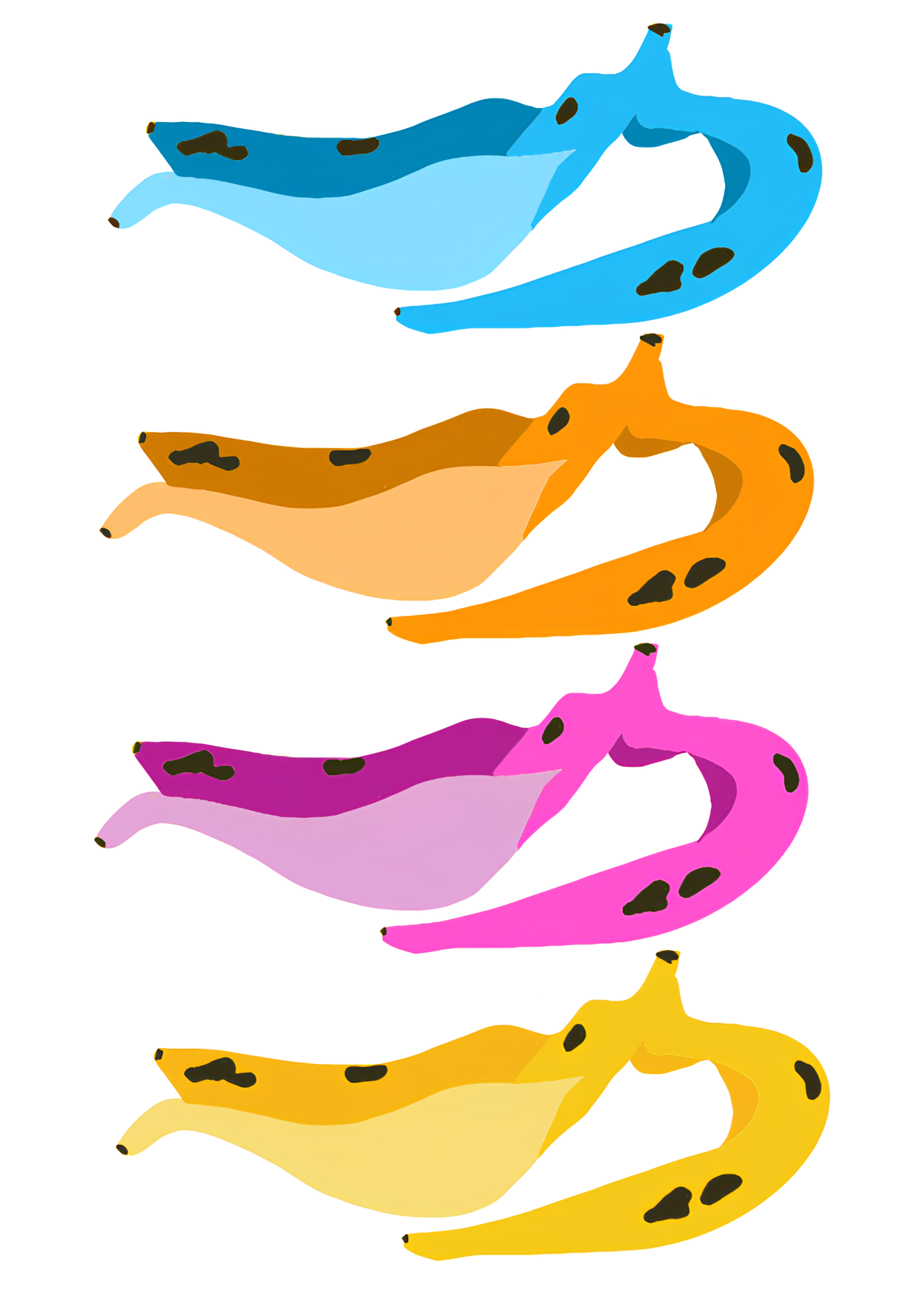 Sur un fond blanc, 4 bananes les unes en dessous des autres. La première est bleue, la seconde, orange, la troisième rose et la dernière jaune.